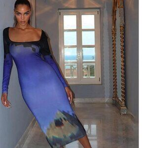 NWOT AMY SHEHAB PURPLE BLUE EYE OF GIZA BACKLESS MIDI BODYCON PENCIL DRESS - S